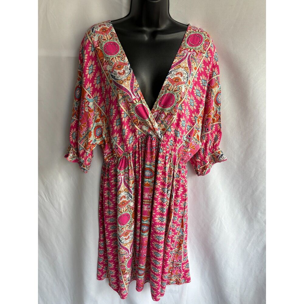 Elings Boho V Neck Swing Pink Boho Dress Size L Vacation Feminine Bohemian